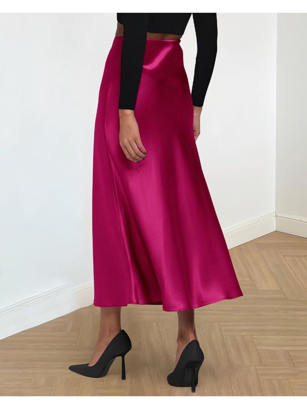 Women Rose Red High Waist Satin Elegant Slip Bias Cut Flowy Long Midi Skirt - Picture 3 of 6